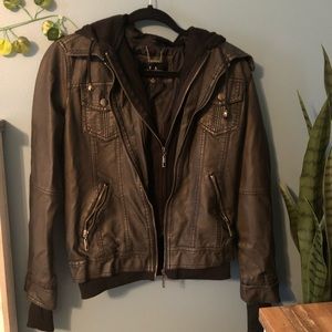 Double Zip Leather Jacket w/hood